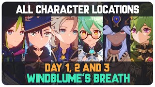 All Characters Hidden Locations Day 1 2 and 3 Windblumes Breath  Genshin Impact 35 [upl. by Eiderf]