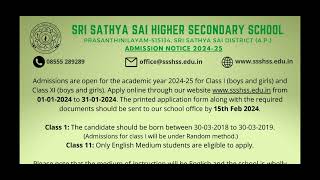 Sri Satya Sai school notification 2024 detailsPuttaparthi [upl. by Lehcnom57]