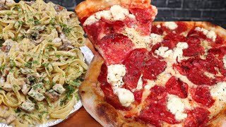 ASMR EATING FIVE CHEESE PEPPERONI PIZZA AND CHICKEN FETTUCCINE ALFREDO MUKBANG [upl. by Azarcon769]