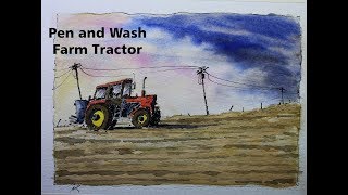 Pen and Wash Farm Tractor Easy watercolor for beginner by Nil Rocha [upl. by Eyahc]