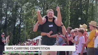 Scandinavian festival features wife carrying event [upl. by Gianna]