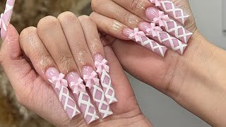 XXL Ballerina Nails w Bows  Corset Nails  Long Nails  Watch Me Work [upl. by Cira]