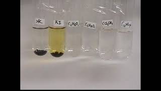 Iodine I2 dissolves in many solvents eg water KIaq alkanols 111trichloroethane hexane [upl. by Breena672]