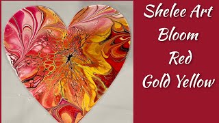 1534 Shelee Art Bloom Technique Bright Red and Gold Acrylic Paint Pouring [upl. by Theola]