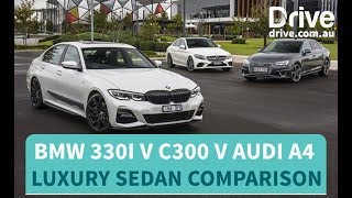 Luxury sedan comparison BMW 330i v MercedesBenz C300 v Audi A4  Drivecomau [upl. by Ahsiuqat]