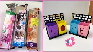 Desk organiser using biscuit packet🔥 diy penpencil holder FarzacreationsFk [upl. by Anilyx946]