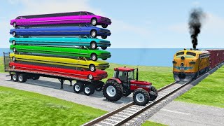 Double Flatbed Trailer Truck vs Speedbumps Train vs Cars  Tractor vs Train BeamngDrive 050 [upl. by Arytal]