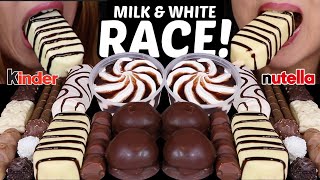 ASMR MILK amp WHITE CHOCOLATE RACE GIANT CHOCOLATE ICE CREAM BAR ZEBRA CAKE KINDER NUTELLA 먹방 [upl. by Refeinnej]