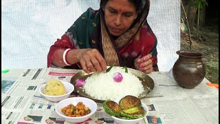 Panta Bhat Eating With Alu Makha Chingri Makha Begun BhajaOnion and Green Chilli [upl. by Putnem]