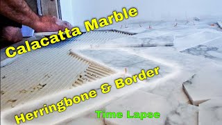 Diagonal Herringbone marble tile Bathroom floor with border Time Lapse [upl. by Evangelist]