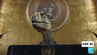 COP26 Frankie the dino urges world leaders not to choose extinction • FRANCE 24 English [upl. by Dloraj]