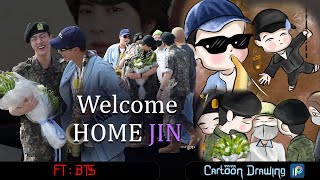 BTS Reunites as Jin Completes Military Service  Cartoon drawing bts welcomebackjin [upl. by Enidlareg]