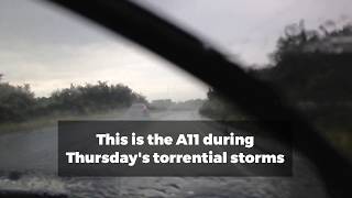 Driver footage shows torrential rain on A11 in Norfolk [upl. by Bowie]