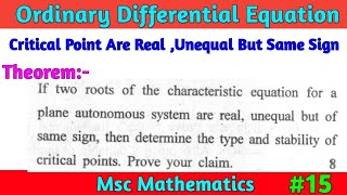 ODE Math  Msc Math  Theorem Based Nature of Critical Point Autonomous System [upl. by Nauqe]