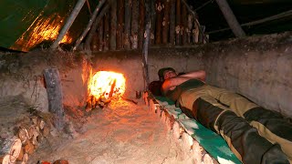 Building a Warm Shelter for Wilderness Survival Fireplace in a Dugout Cooking on Fire [upl. by Aieka]