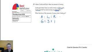 GCSE Maths Edexcel Foundation Paper 2 Thursday 4 June 2020 Q19 Ratio and Fractions [upl. by Wohlert]