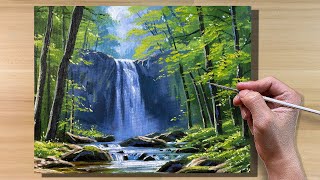 Acrylic Painting Forest Waterfall Landscape  Correa Art [upl. by Inahteb295]