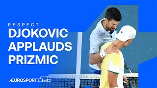 Djokovic applauds 18yearold star Prižmić after gruelling fourset match 👏  Australian Open 2024 [upl. by Gillian]