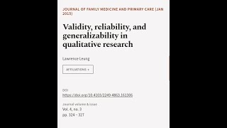 Validity reliability and generalizability in qualitative research  RTCLTV [upl. by Ahse159]