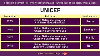 International Organizations Quiz  Full Form Headquarters amp Founded Year  40 Questions  World GK [upl. by Lucchesi]