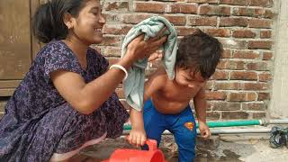 Village baby bathing video by mom  Enjoy baby bathing moms ahir [upl. by Lattie]