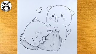 Two cute cat couple pencil drawing  cute art  easy arts  drawing for kids [upl. by Buller]