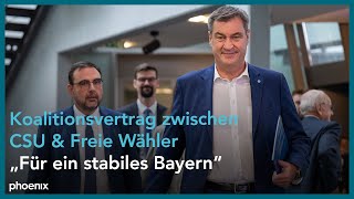 Unterzeichnung des Koalitionsvertrages von CSU  Freie Wähler mit Söder und Aiwanger [upl. by Ahsaz20]