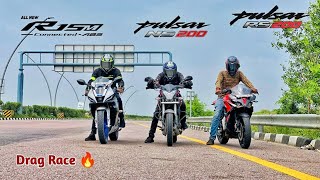 Bajaj Pulsar RS 200 vs Yamaha R15M Vs Pulsar Ns200 BS7  Drag Race [upl. by Melantha]