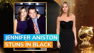 Golden Globes Jennifer Aniston Wears Black For First Public Appearance After Matthew Perrys Death [upl. by Anuqahs]