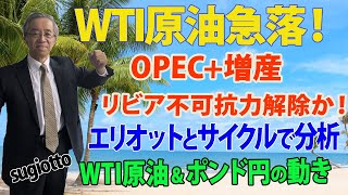 WTI原油価格は、OPEC＋の増産に加え、輸出を止めていたリビアが不可抗力条項を解除するとの見込みでさらに続急落しました。ここからのWTI原油ををエリオットとサイクルでズバリ予測。2024年9月4日 [upl. by Sianna587]