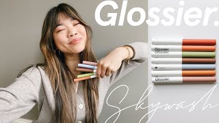 GLOSSIER SKYWASH REVIEW  DISCOUNT CODE All 7 shades swatched amp first impression [upl. by Nicolette370]