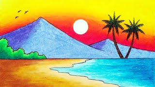 How to Draw Beautiful Sunset in the Beach  Easy Sunset Scenery Drawing [upl. by Nybbor]