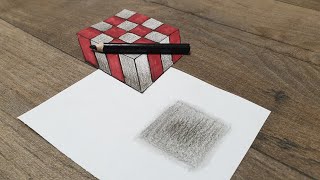 3D art floating block red and white easy on paper pencil shade [upl. by Eeralih]