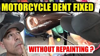 DENTED MOTORCYCLE GAS TANK REPAIRED FLAWLESSLY WITH PAINTLESS DENT REPAIR [upl. by Lekcar300]