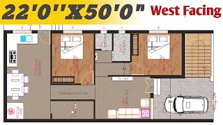 22X50 West Face House Plan  22x50 Home Design  22by50 Vastu House plan 1100sqft 22x50 [upl. by Einiar]