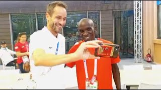 Kenyas Eliud Kipchoge the best Marathon runner meets Ugandans amp fans at the Olympics 2024 in France [upl. by Arriec227]