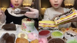 Asmr Eating Crepe CakeChoco CakeMatcha CakeContainer CakeChoco PuffEating Cake Dessert Mukbang [upl. by Frances]