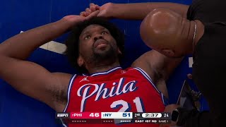 Joel Embiid shaken up after dunk vs Knicks  NBA on ESPN [upl. by Attiuqram]