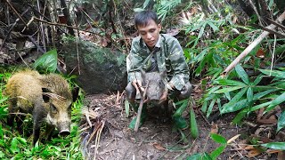 Survive alone in forest Solo Bushcraft  Detecting wild boar  Craft Rope primitive traps To Sell [upl. by Noxaj]