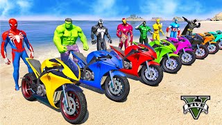 GTA V SPIDERMAN RACING MOTORCYCLES Epic New Stunts Challenge with SUPERHEROES Hulk Goku Cars Racing [upl. by Skillern]