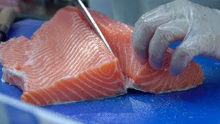 HUGE Salmon cut for Japanese Chirashi Sushi in a Bowl Street Food of London [upl. by Maxi]