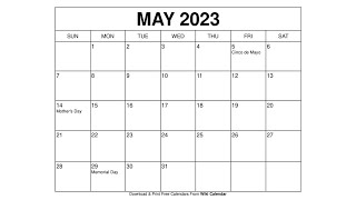 Free Printable May 2023 Calendar Templates With Holidays  Wiki Calendar [upl. by Nayk]