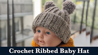 Crochet Ribbed Baby Hat with Yarn Poms [upl. by Kehsihba]