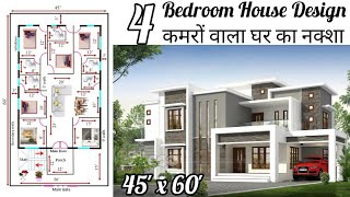 45x60 west facing house plan  4bhk house plan with parking and garden  45 x 60 feet house plans [upl. by Idnic]