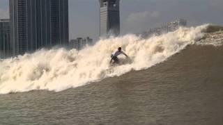 Surfing the Silver Dragon Tidal Bore Qiatang River China 2011 [upl. by Lered]