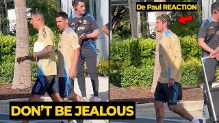 De Paul funny reaction when MESSI walked with Di Maria as Argentina first training  Football News [upl. by Adnerak80]