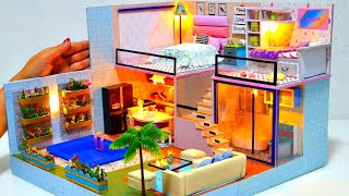 DIY Miniature Cardboard Box Dollhouse  4  Dreamhouse mansion with real swimming pool 2 bedrooms [upl. by Noyart671]