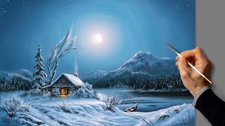 👍 Acrylic Landscape Painting  Full Moon Winter  Easy Art  Drawing Lessons  Satisfying Relaxing [upl. by Aihsema397]