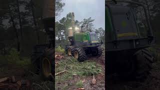 John deere harvester working in the rain harvester viralvideo johndeere forest lumberjack tree [upl. by Coben]