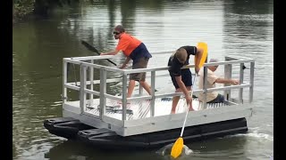 Trying to sink smallest pontoon boat ever Water testing bridge maintenance bargepontoon [upl. by Jennica301]